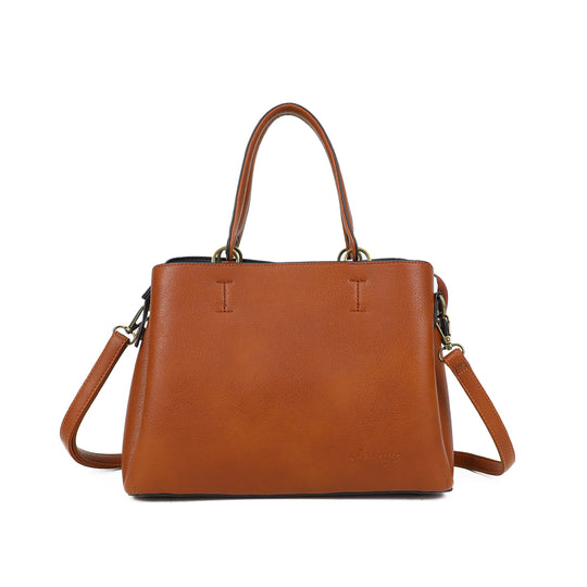 Vue face du sac à main  camel sécurisé Arsayo Passiflore