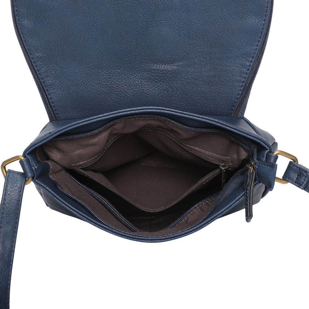 Sac besace bleu marine cuir vegan pratique interieur