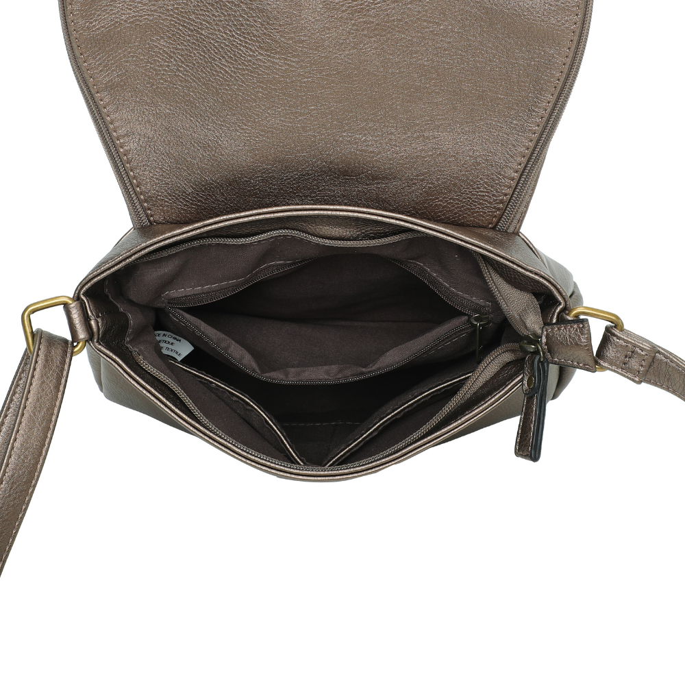 Sac besace bronze cuir vegan pratique interieur