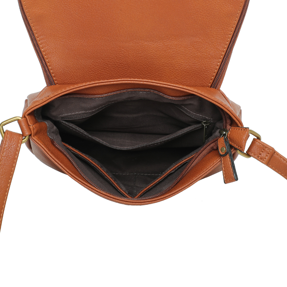 Sac besace camel cuir vegan pratique interieur