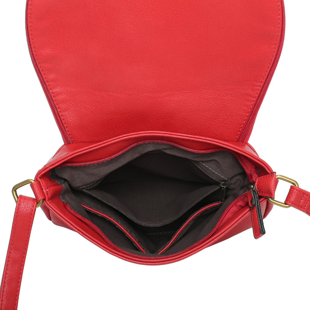 Sac besace rouge cuir vegan pratique interieur