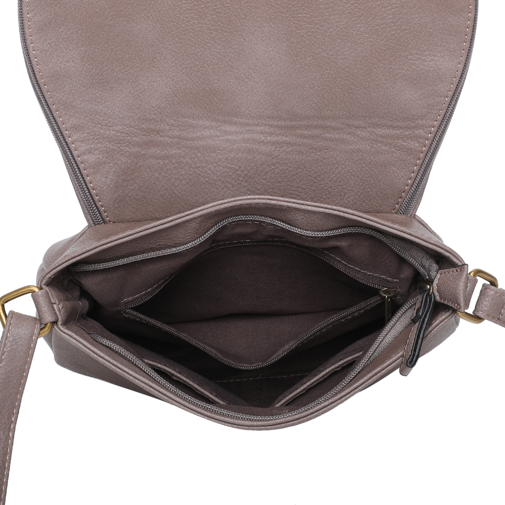 Sac besace taupe cuir vegan pratique interieur