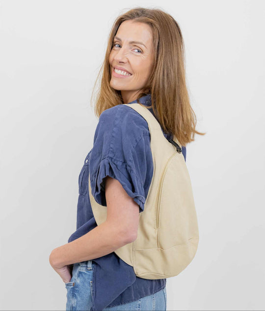 Sac à dos Estival Arsayo beige toile confortable ergonomique antivol sécurise vegane porte cote