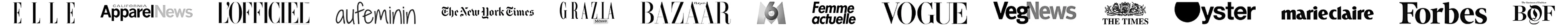 Logos des médias qui parlent d'Arsayo : ELLE, Apparel News, L'Officiel, aufeminin, The New York Times, Grazia, Harper's Bazaar, M6, Femme Actuelle, Vogue, VegNews, The Times, Oyster, Marie Claire, Forbes, The Business of Fashion
